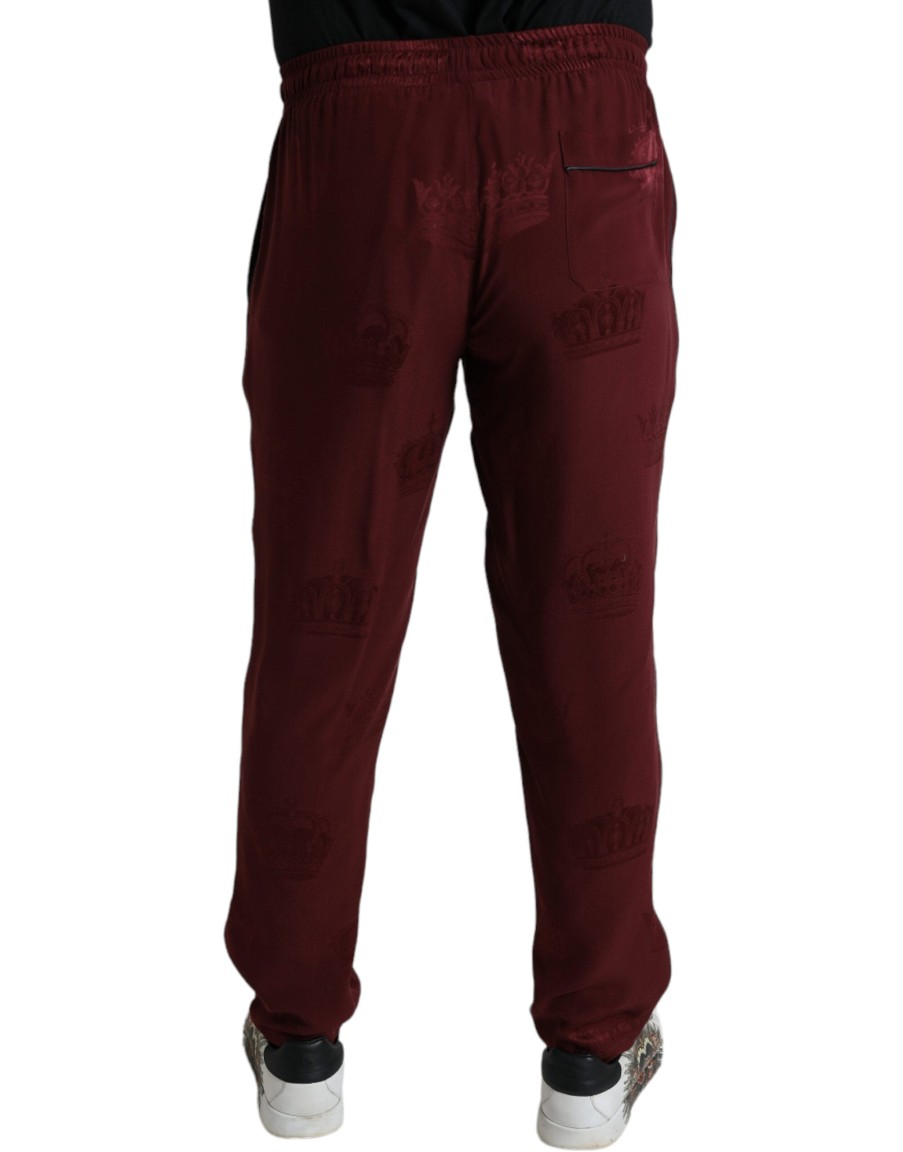 Men Dolce & Gabbana Men'S Jeans & Pants | Dolce & Gabbana Maroon Crown Pattern Silk Pajama Pants