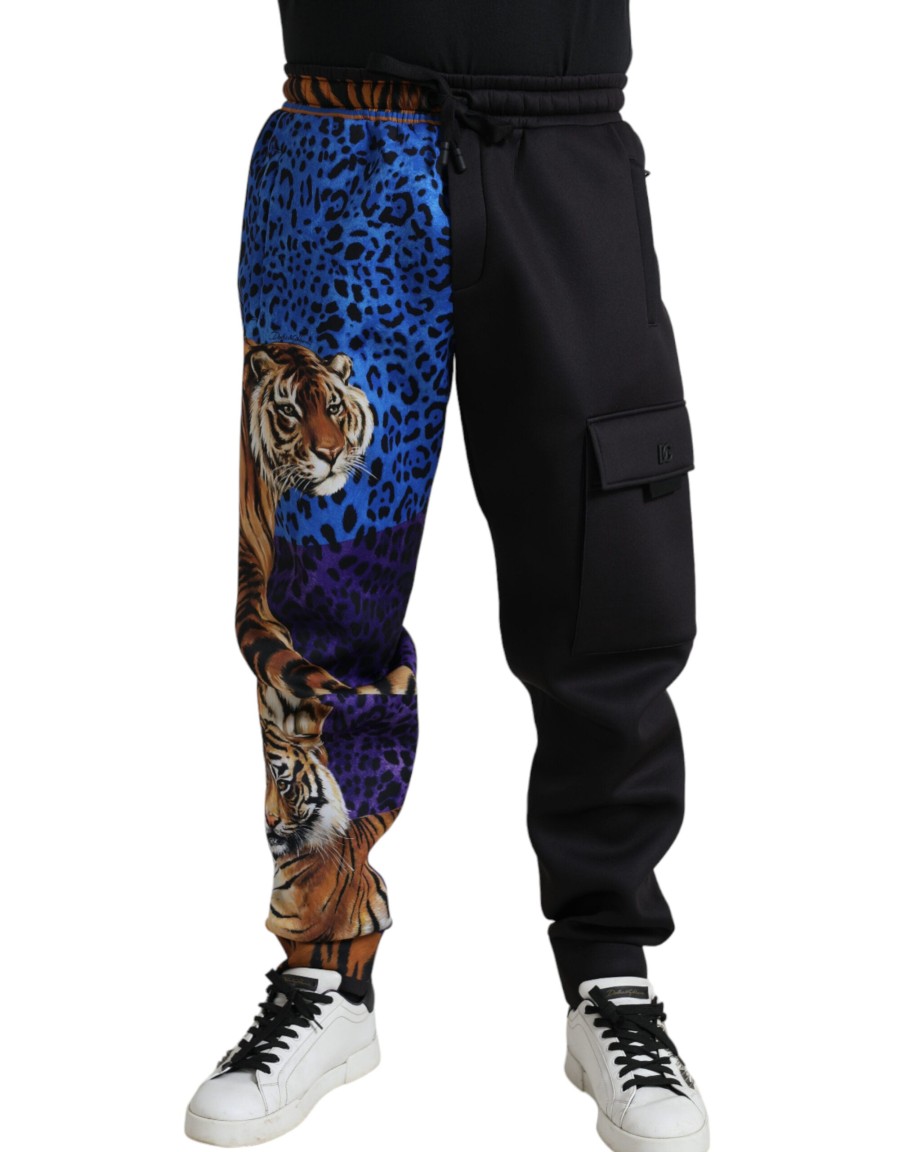 Men Dolce & Gabbana Men'S Jeans & Pants | Dolce & Gabbana Black Tiger Print Cargo Jogger Pants