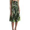 Women Dolce & Gabbana Women'S Dresses | Dolce & Gabbana Green Leaf Print Cotton Halter Midi Dress