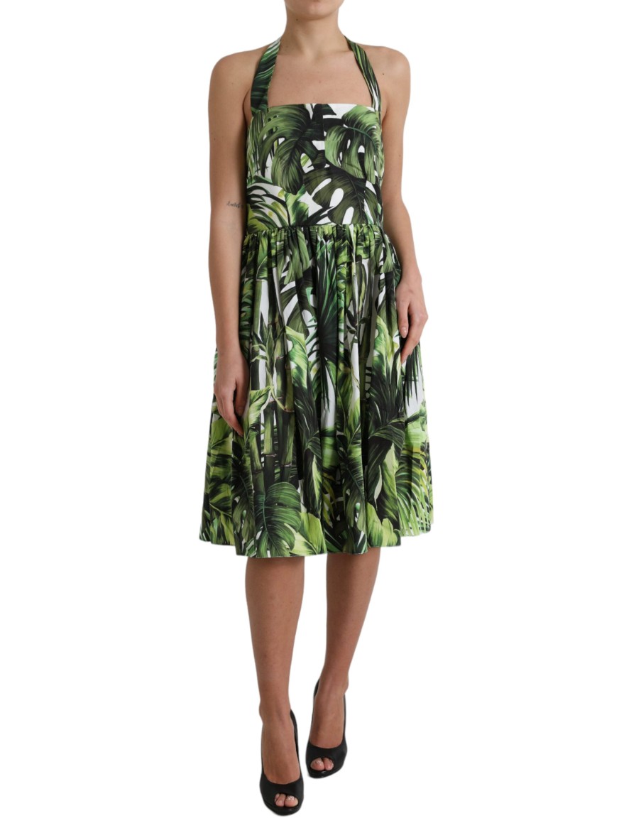 Women Dolce & Gabbana Women'S Dresses | Dolce & Gabbana Green Leaf Print Cotton Halter Midi Dress