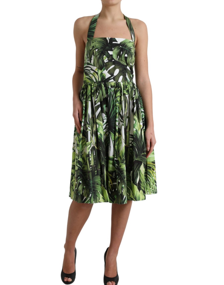 Women Dolce & Gabbana Women'S Dresses | Dolce & Gabbana Green Leaf Print Cotton Halter Midi Dress