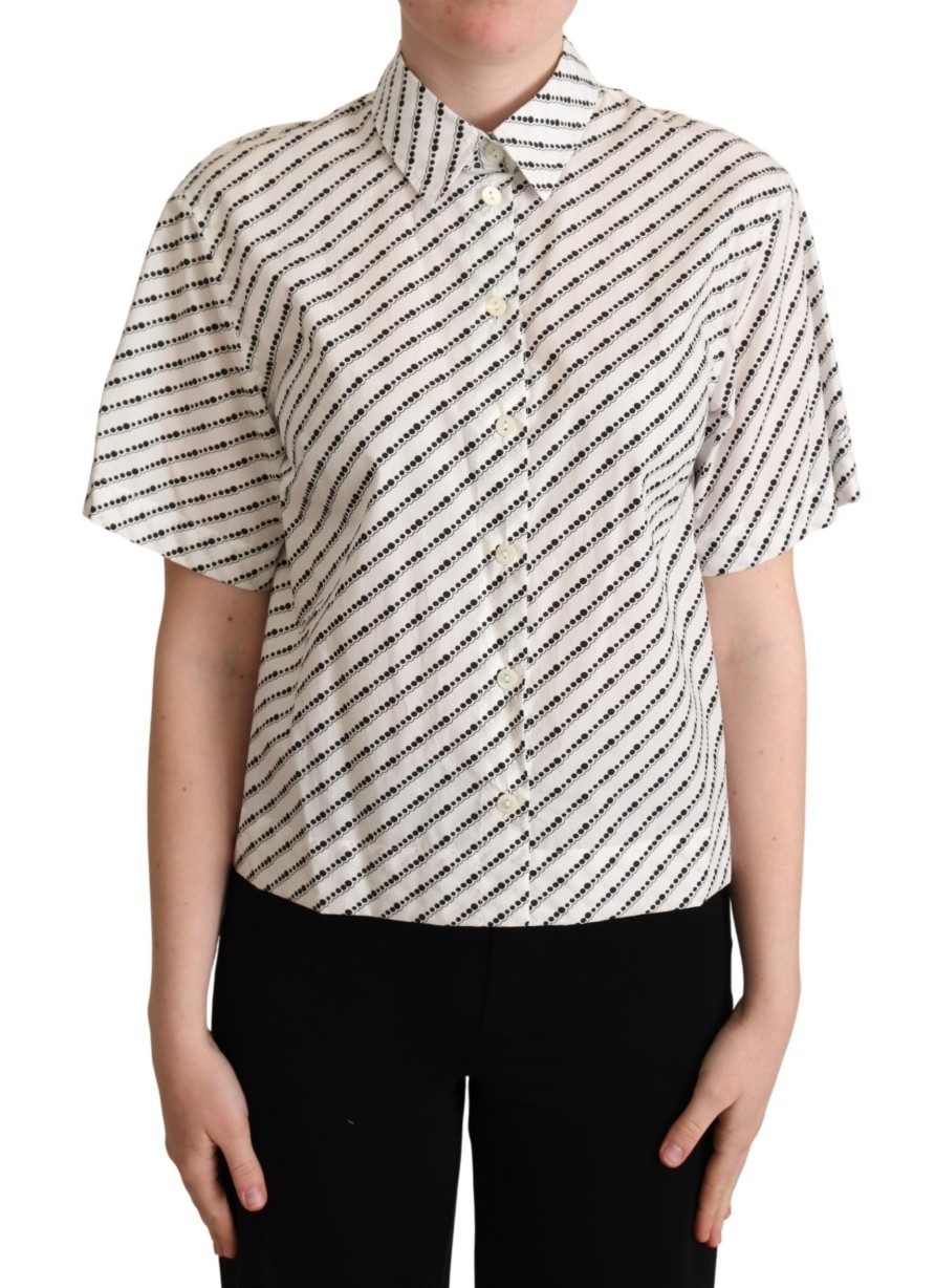 Women Dolce & Gabbana Women'S Shirts | Dolce & Gabbana White Dotted Collared Blouse Shirt