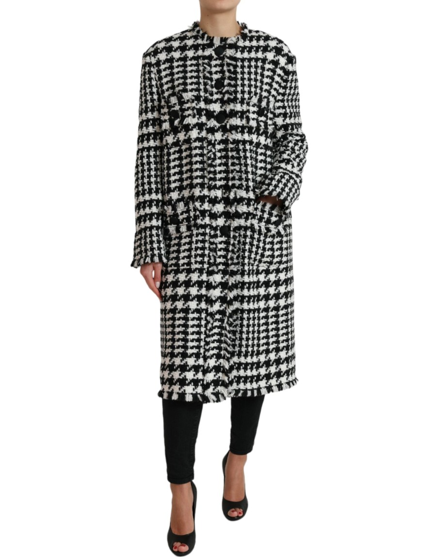 Women Dolce & Gabbana Women'S Jackets & Coats | Dolce & Gabbana Elegant Houndstooth Long Trench Coat