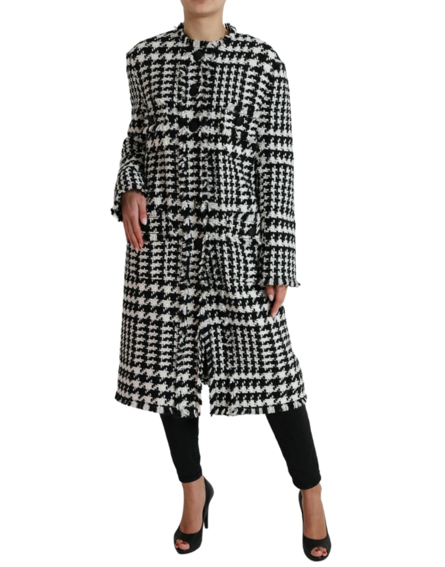 Women Dolce & Gabbana Women'S Jackets & Coats | Dolce & Gabbana Elegant Houndstooth Long Trench Coat