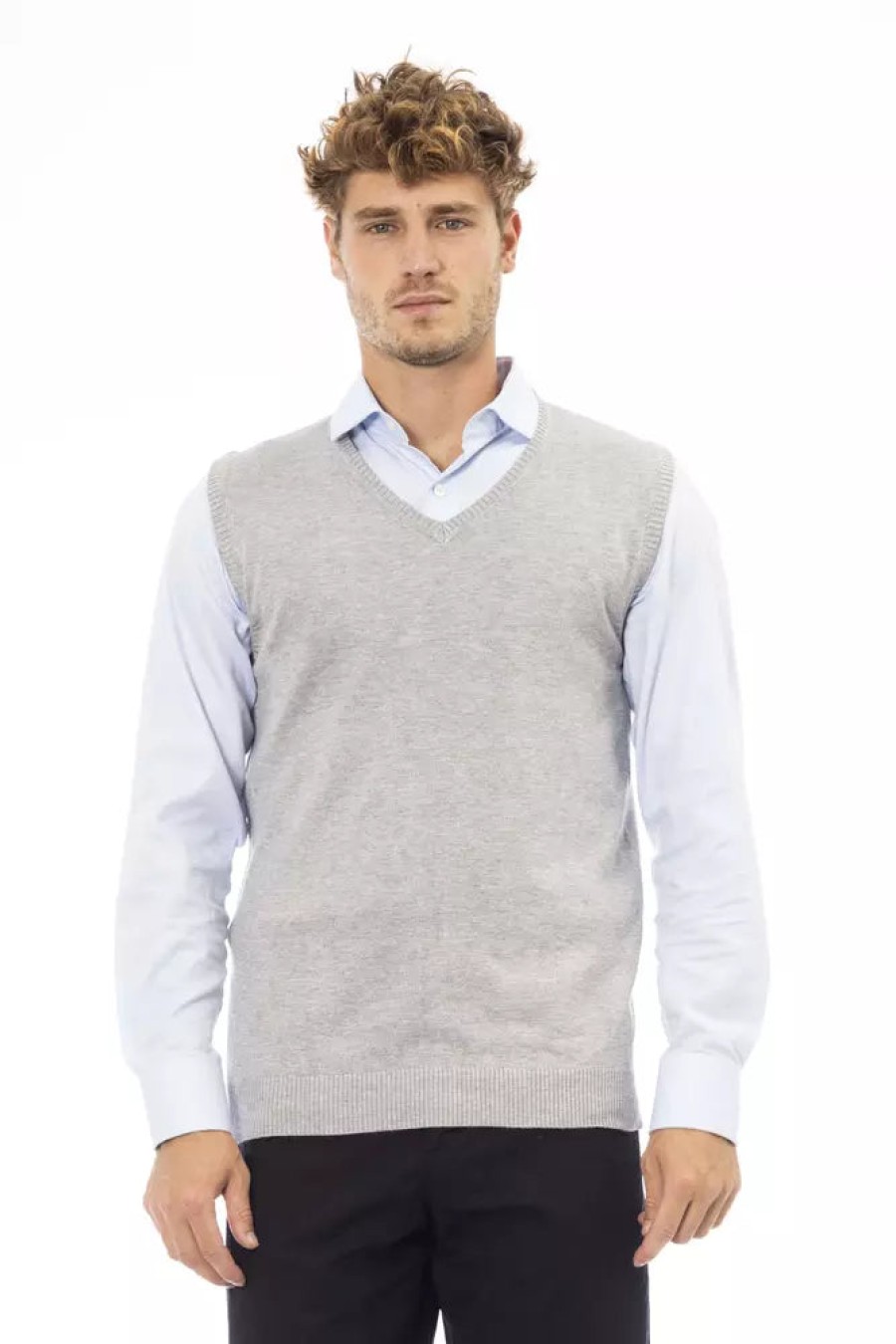 Men Alpha Studio Men'S Vests | Alpha Studio Elegant V-Neckline Knit Vest In Gray