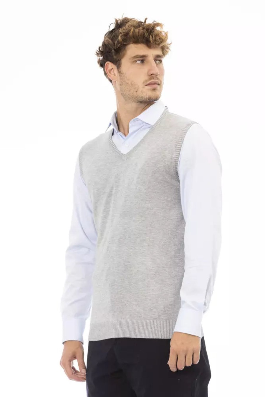 Men Alpha Studio Men'S Vests | Alpha Studio Elegant V-Neckline Knit Vest In Gray