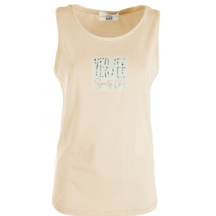 Women Yes Zee Women'S Tops & T-Shirts | Yes Zee Chic Beige Crew-Neck Cotton Tee