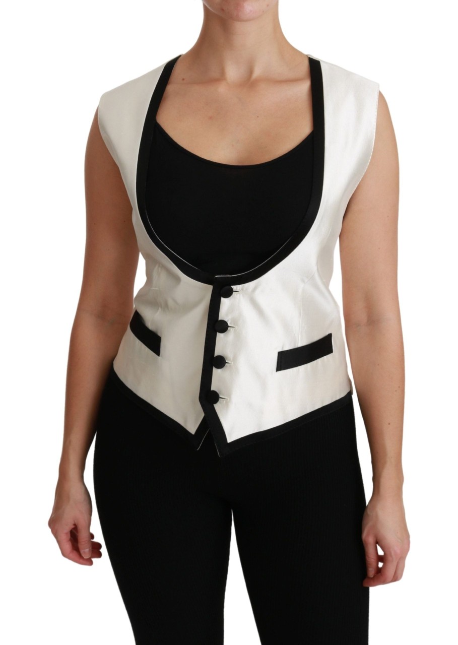 Women Dolce & Gabbana Women'S Vest | Dolce & Gabbana White Waistcoat Slim Vest Silk Top