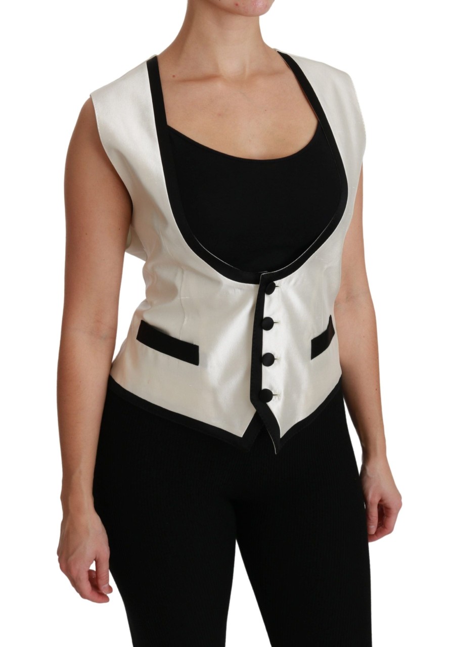 Women Dolce & Gabbana Women'S Vest | Dolce & Gabbana White Waistcoat Slim Vest Silk Top