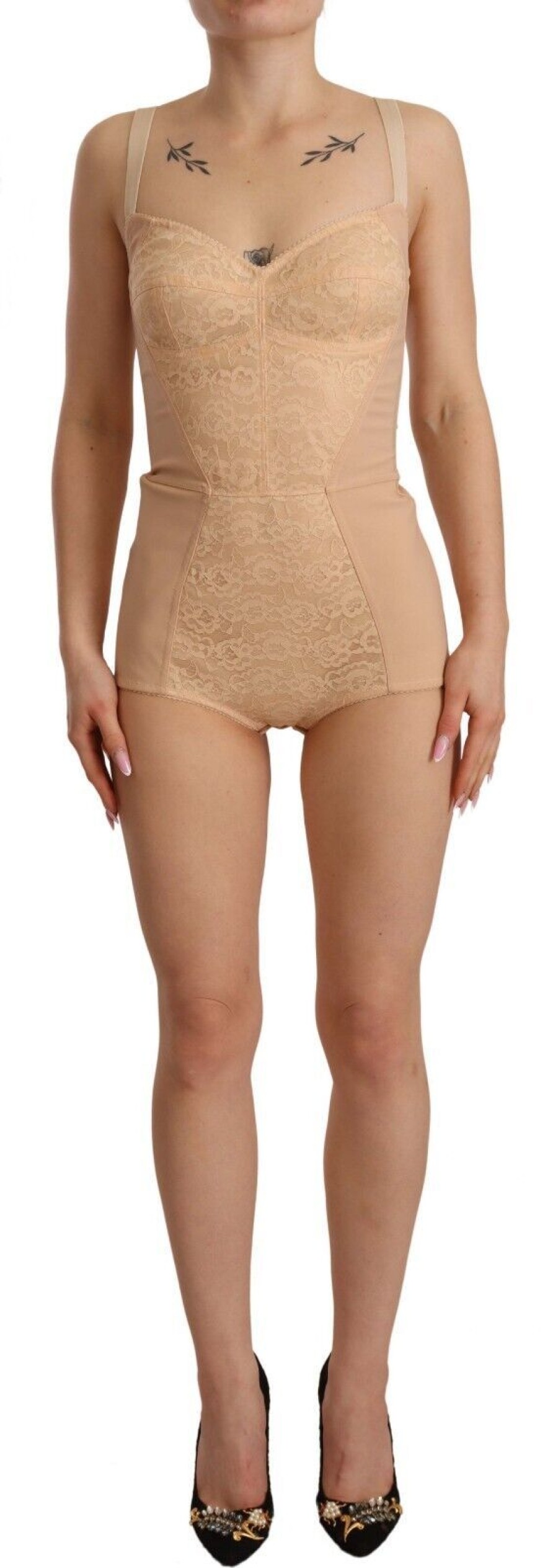 Women Dolce & Gabbana Women'S Underwear | Dolce & Gabbana Beige Nylon Floral Lace Bodysuit Underwear