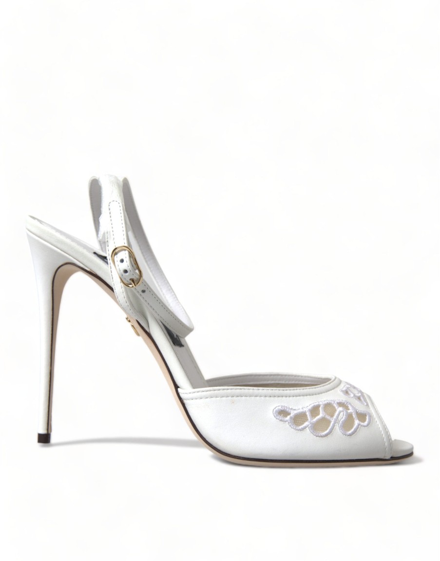 Women Dolce & Gabbana Women'S Sandals | Dolce & Gabbana White Embroidered Ankle Strap Sandals Shoes