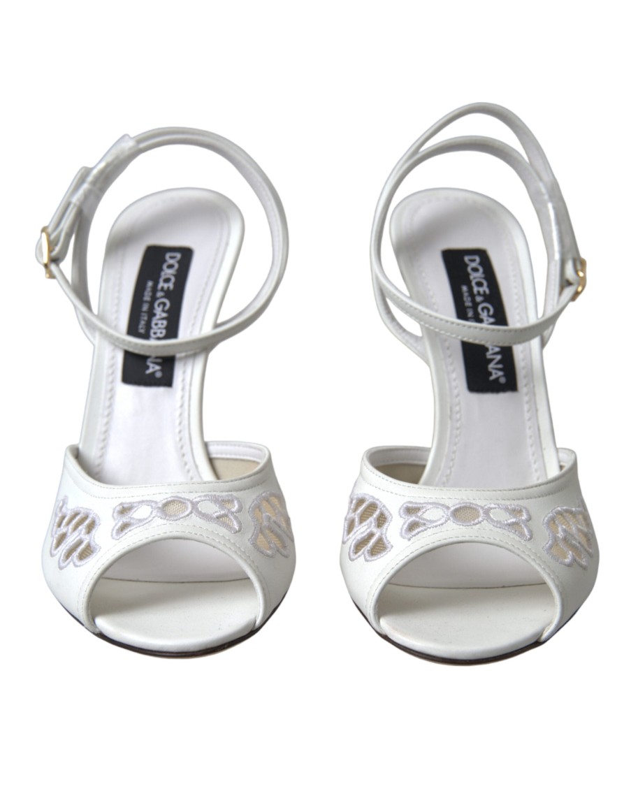 Women Dolce & Gabbana Women'S Sandals | Dolce & Gabbana White Embroidered Ankle Strap Sandals Shoes