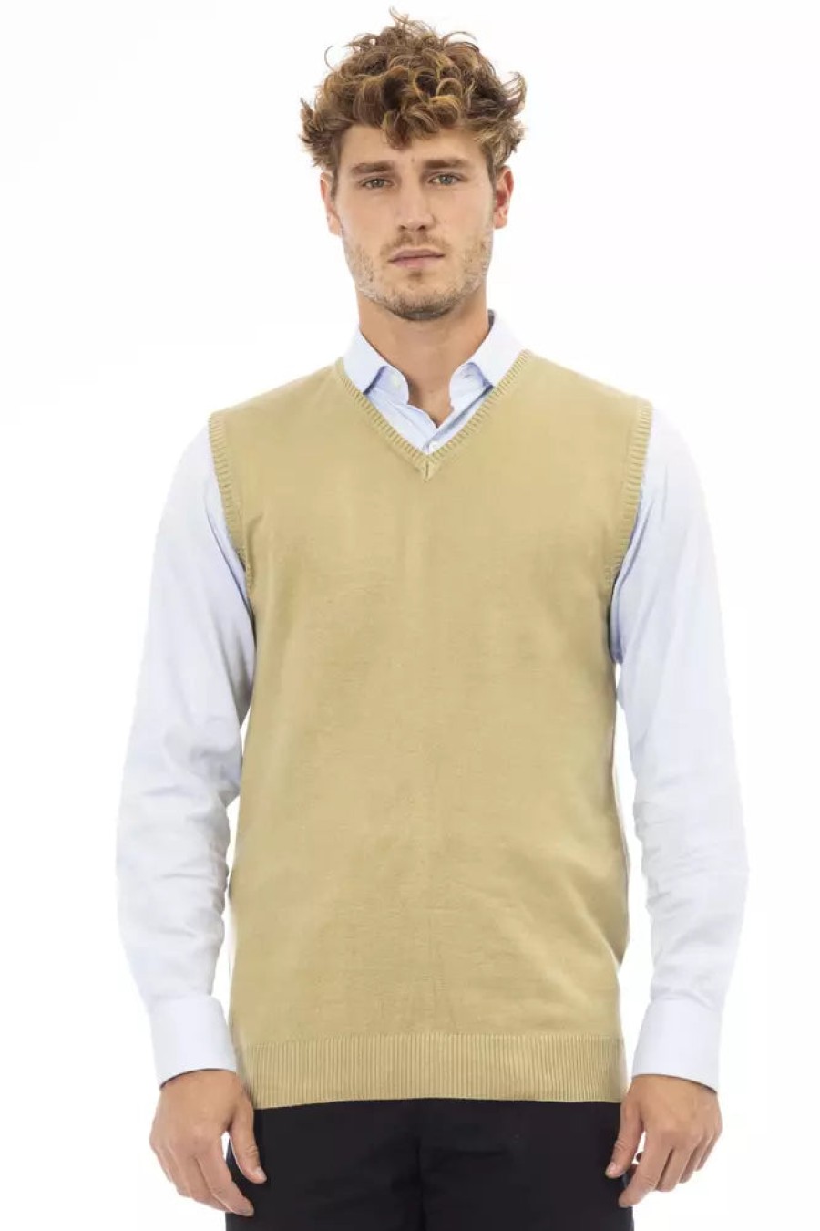 Men Alpha Studio Men'S Vests | Alpha Studio Elegant Beige V-Neck Vest For Men