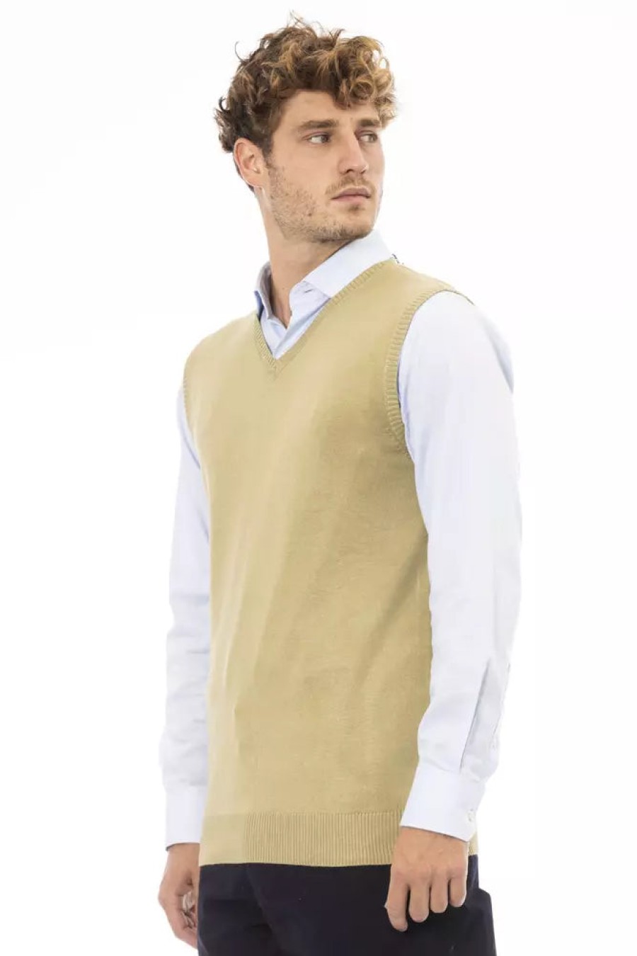 Men Alpha Studio Men'S Vests | Alpha Studio Elegant Beige V-Neck Vest For Men