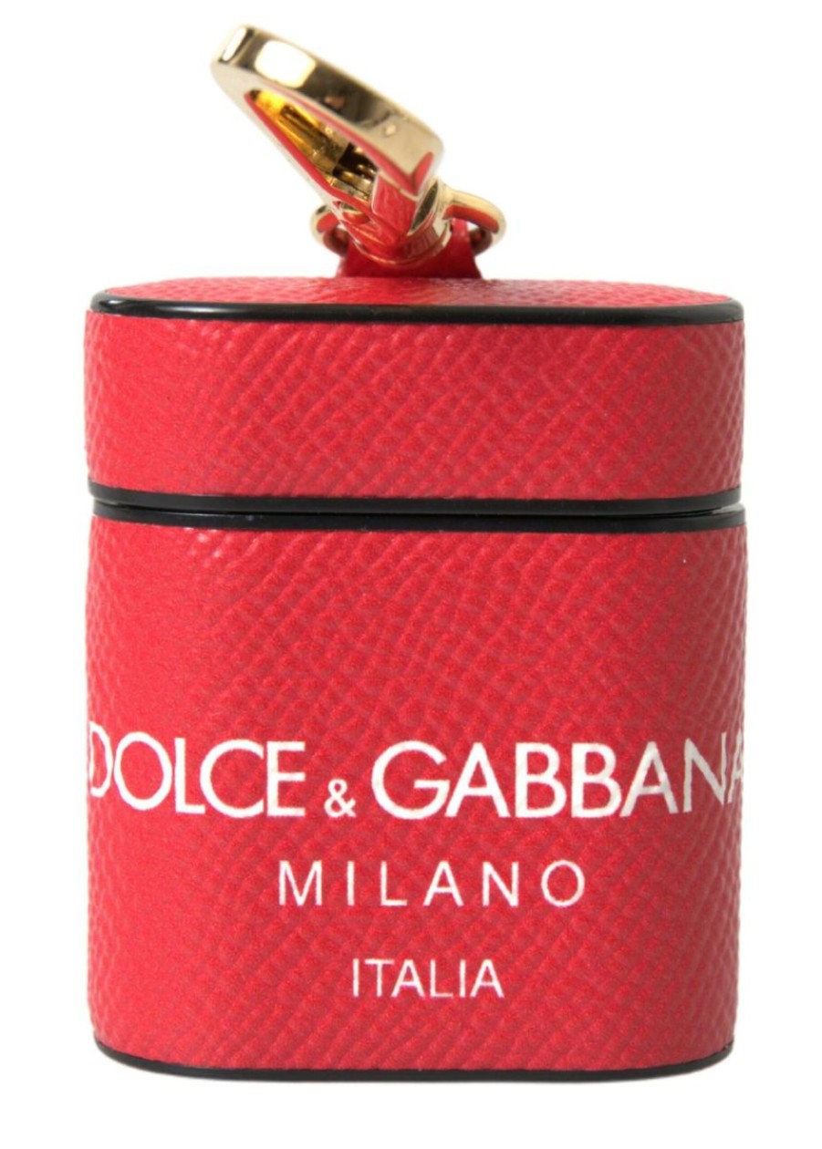 Women Dolce & Gabbana Women'S Others Accessories | Dolce & Gabbana Red Leather Gold Tone Metal Logo Print Strap Airpods C