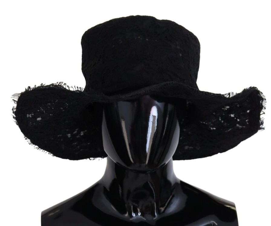 Women Dolce & Gabbana Women'S Hats | Dolce & Gabbana Black Floral Lace Wide Brim Top Hat