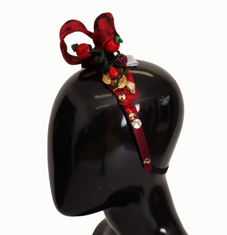 Women Dolce & Gabbana Women'S Headbands | Dolce & Gabbana Cherry Silk Crystal Bow Logo Diadem Tiara Headband