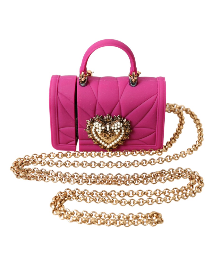 Women Dolce & Gabbana Women'S Others Accessories | Dolce & Gabbana Pink Silicone Devotion Heart Bag Gold Chain Airpods Ca