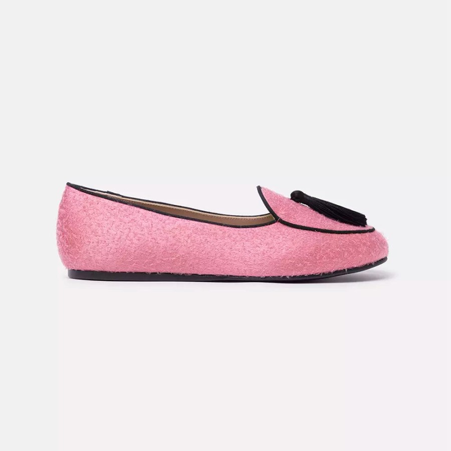 Women Charles Philip Women'S Flat Shoes | Charles Philip Elegant Pink Velvet Moccasins With Tassel Detail