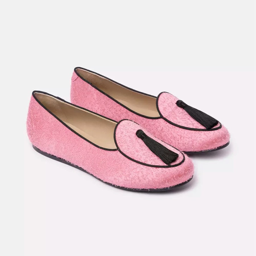 Women Charles Philip Women'S Flat Shoes | Charles Philip Elegant Pink Velvet Moccasins With Tassel Detail