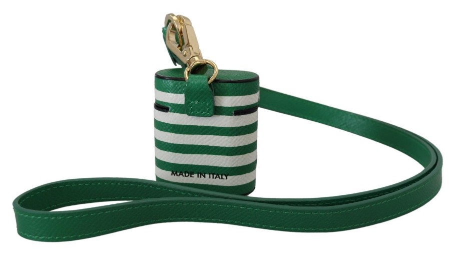 Women Dolce & Gabbana Women'S Others Accessories | Dolce & Gabbana Green Leather Strap Gold Metal Logo Airpods Case