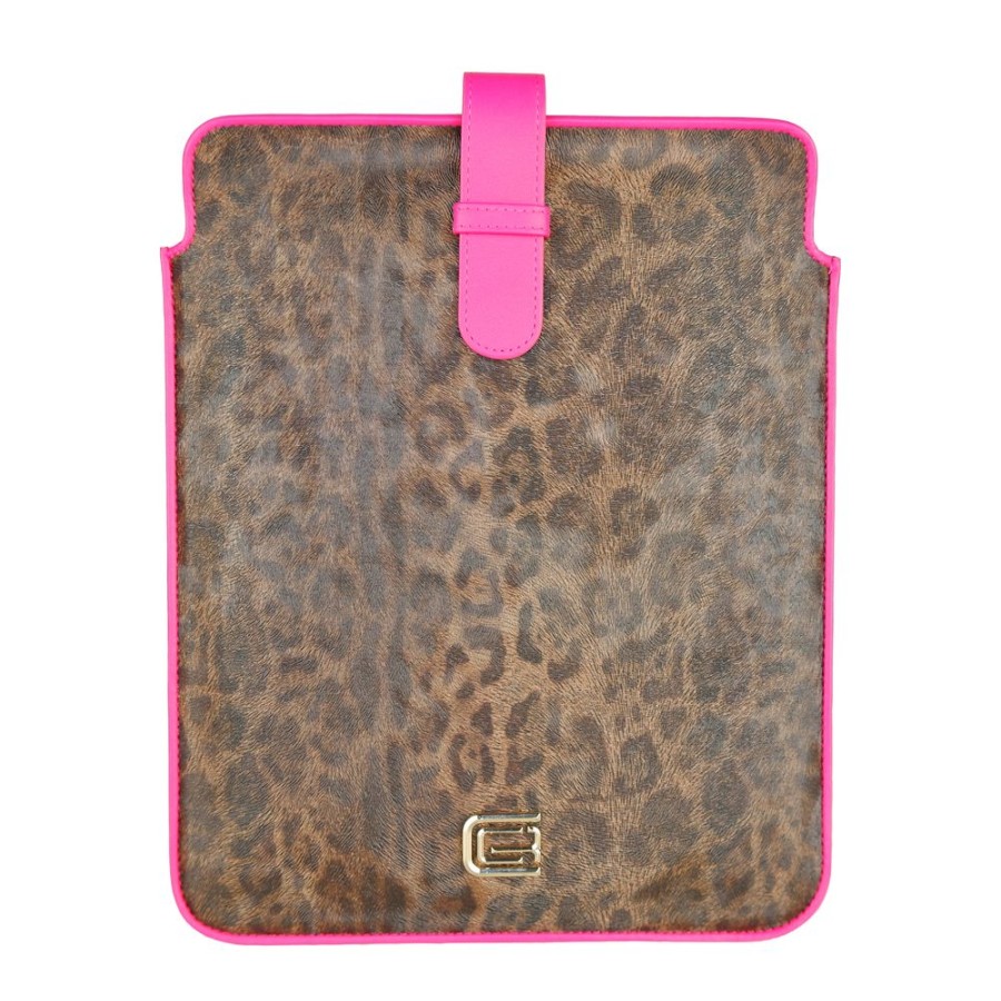 Women Cavalli Class Women'S Others Accessories | Cavalli Class Fuchsia Leopard Print Calfskin Tablet Case