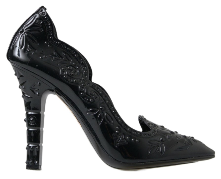 Women Dolce & Gabbana Women'S Pumps | Dolce & Gabbana Black Cinderella Floral Crystal Heels Shoes