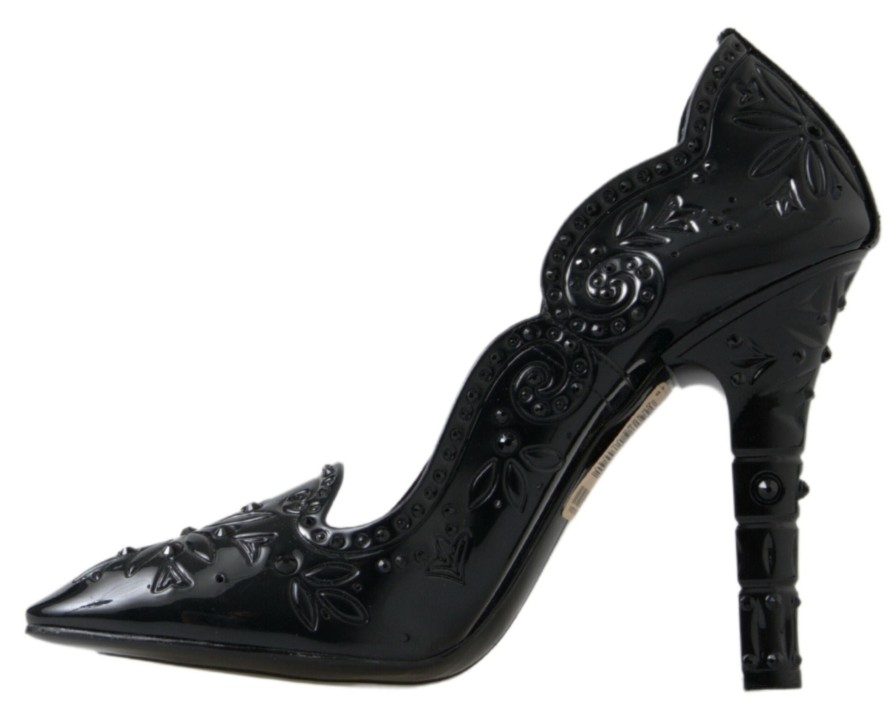 Women Dolce & Gabbana Women'S Pumps | Dolce & Gabbana Black Cinderella Floral Crystal Heels Shoes