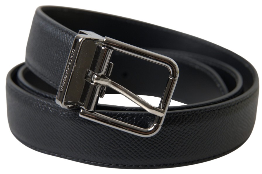 Men Dolce & Gabbana Men'S Belts | Dolce & Gabbana Black Leather Silver Metal Buckle Women Belt