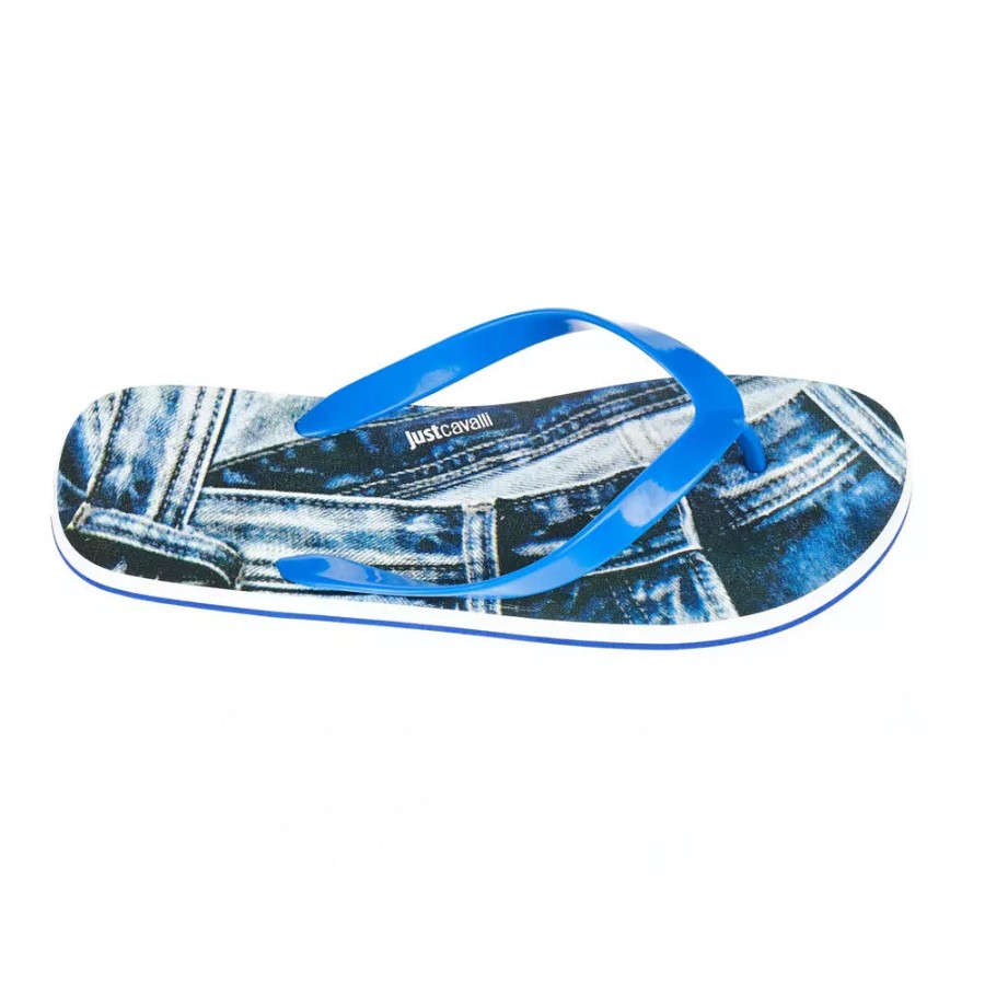 Men Just Cavalli Men'S Slide Sandals | Just Cavalli Light Blue Logo-Emblazoned Men'S Flip Flops