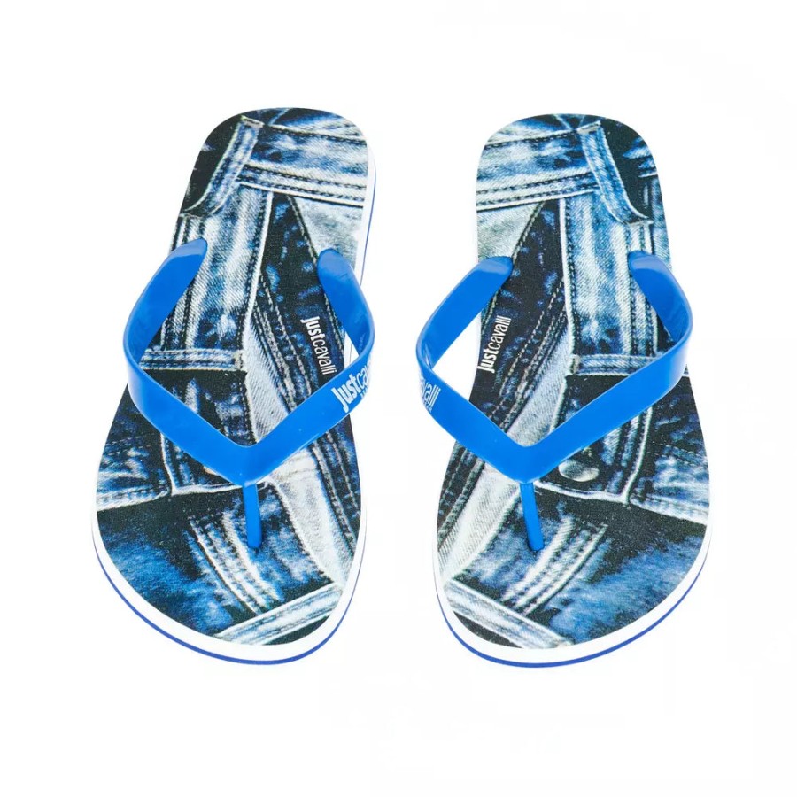 Men Just Cavalli Men'S Slide Sandals | Just Cavalli Light Blue Logo-Emblazoned Men'S Flip Flops