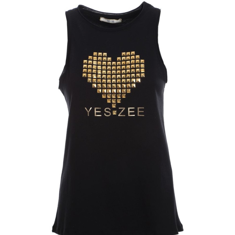 Women Yes Zee Women'S Tops & T-Shirts | Yes Zee Studded Cotton Tank Top With Front Print