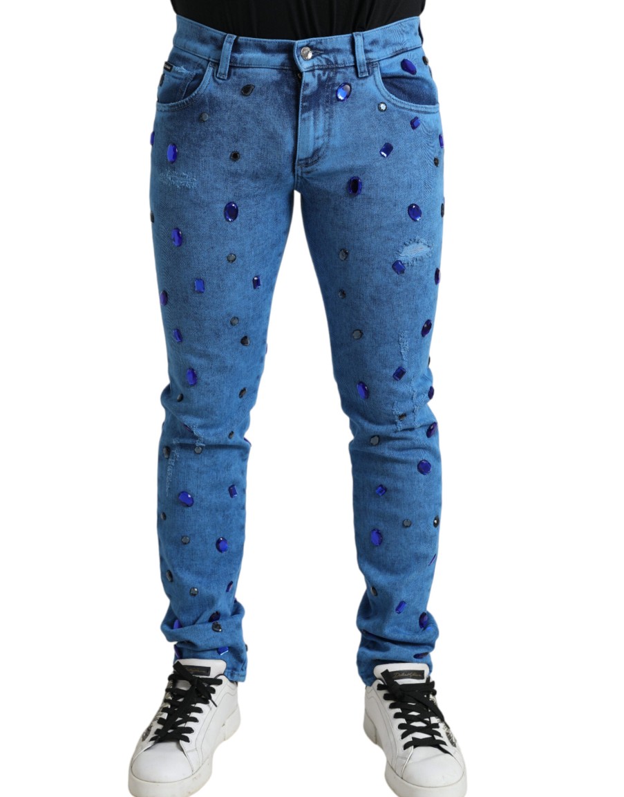 Men Dolce & Gabbana Men'S Jeans & Pants | Dolce & Gabbana Blue Crystal Embellished Skinny Denim Jeans