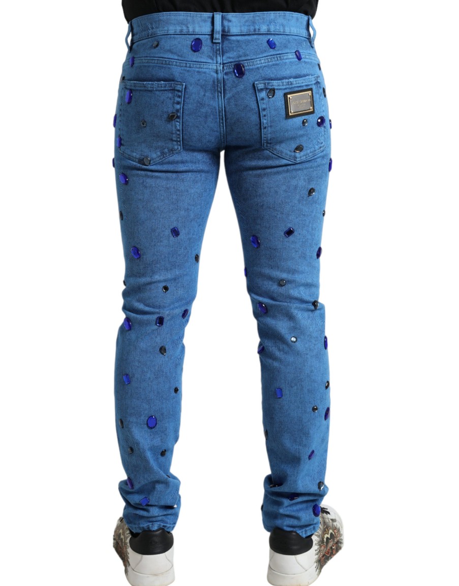 Men Dolce & Gabbana Men'S Jeans & Pants | Dolce & Gabbana Blue Crystal Embellished Skinny Denim Jeans