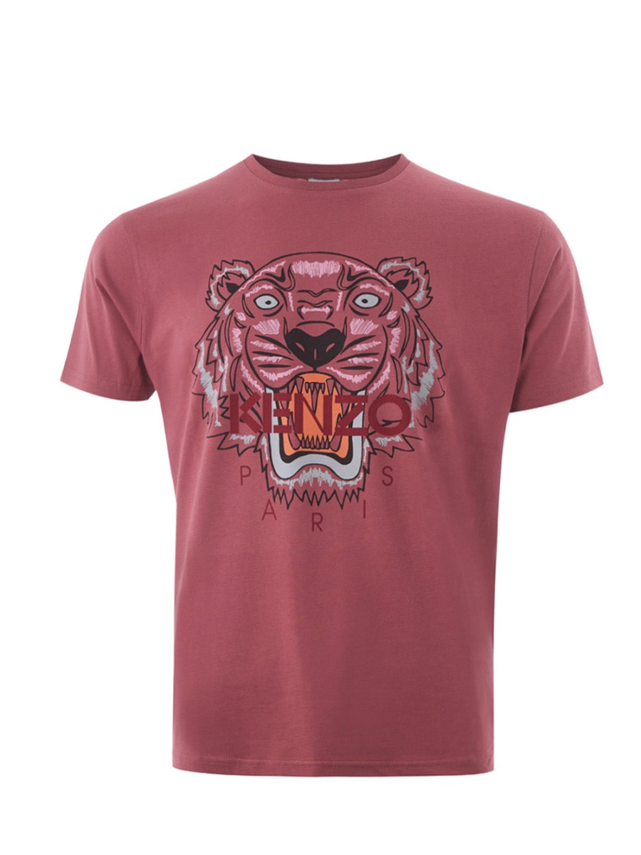 Men Kenzo Men'S T-Shirts | Kenzo Light Red Cotton T-Shirt With Tiger Print And Front Logo