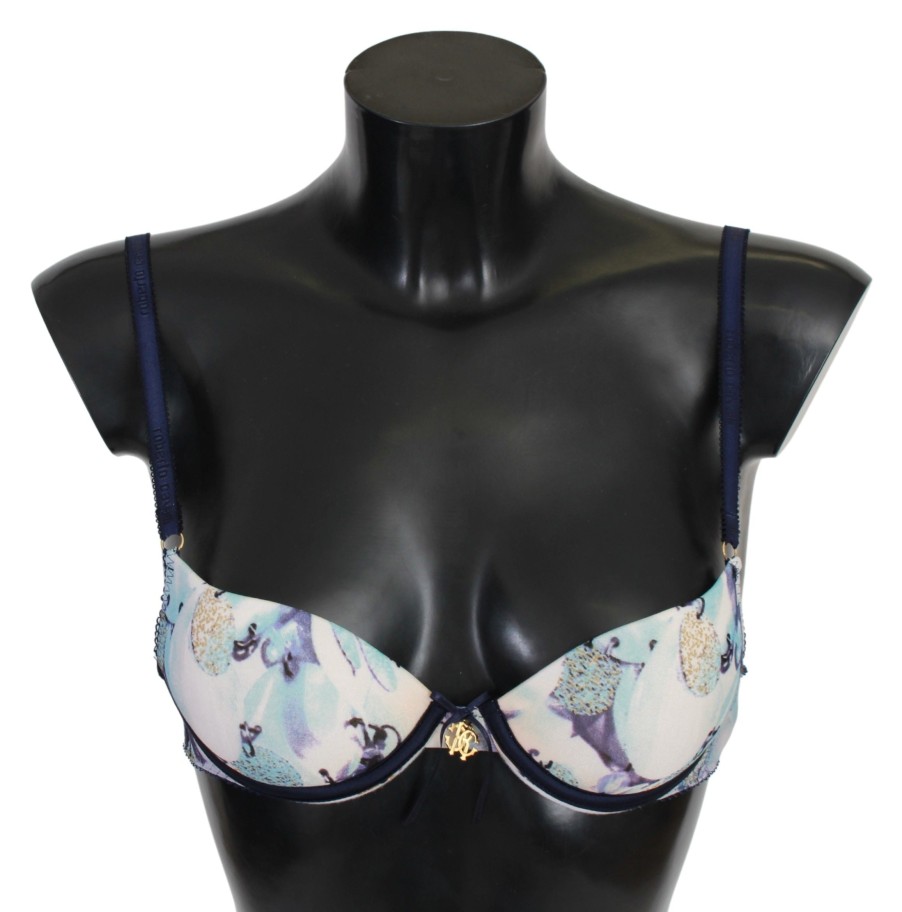 Women Roberto Cavalli Women'S Underwear | Roberto Cavalli Blue Printed Nylon Reggiseno Bra Underwear