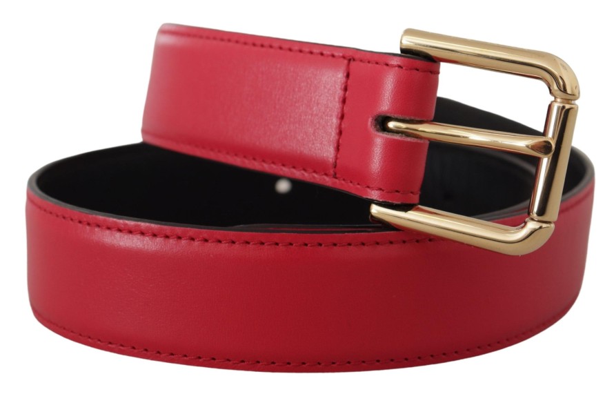 Women Dolce & Gabbana Women'S Belts | Dolce & Gabbana Red Calf Leather Gold Tone Logo Metal Buckle Belt