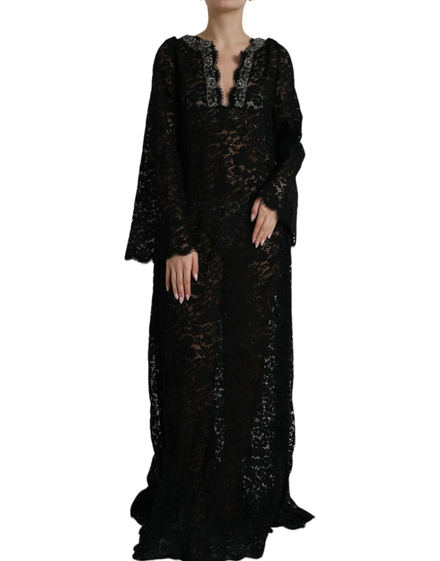 Women Dolce & Gabbana Women'S Dresses | Dolce & Gabbana Black Lace Crystal Embellished Shift Dress