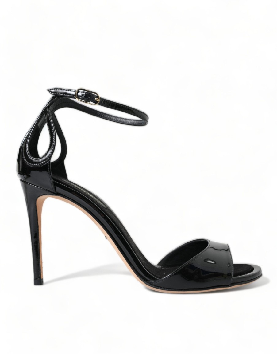 Women Dolce & Gabbana Women'S Sandals | Dolce & Gabbana Black Leather Ankle Strap Heels Sandals Shoes