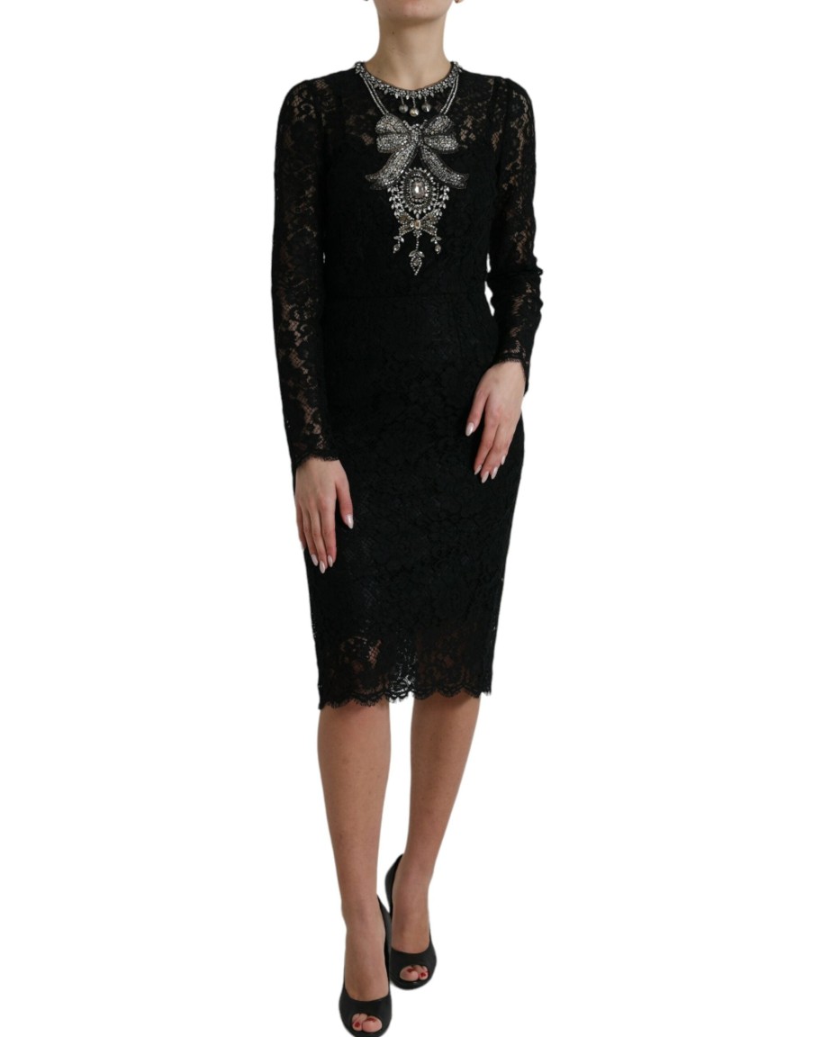 Women Dolce & Gabbana Women'S Dresses | Dolce & Gabbana Black Lace Crystal Embellished Sheath Dress