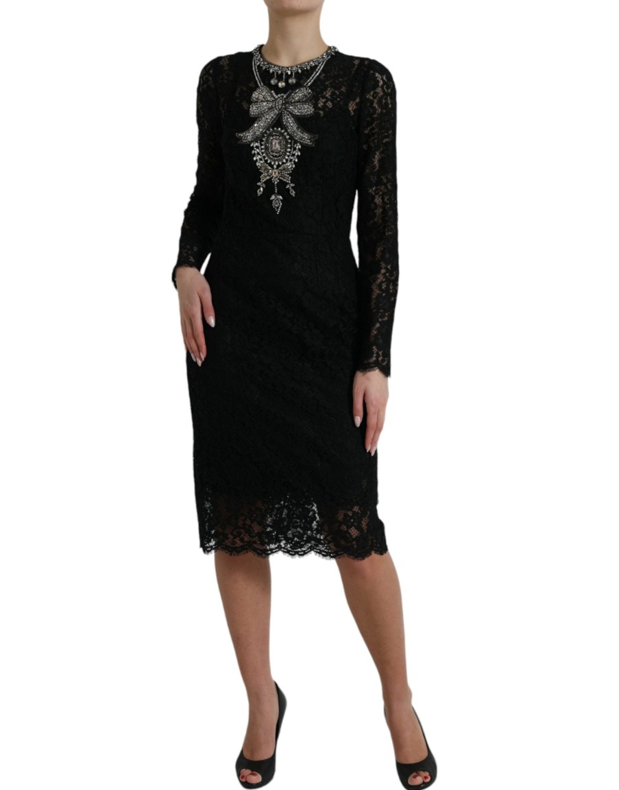 Women Dolce & Gabbana Women'S Dresses | Dolce & Gabbana Black Lace Crystal Embellished Sheath Dress