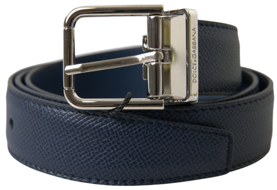 Men Dolce & Gabbana Men'S Belts | Dolce & Gabbana Blue Leather Silver Metal Buckle Belt