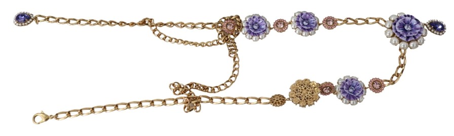 Women Dolce & Gabbana Women'S Necklaces | Dolce & Gabbana Gold Tone Floral Crystals Purple Embellished Necklace