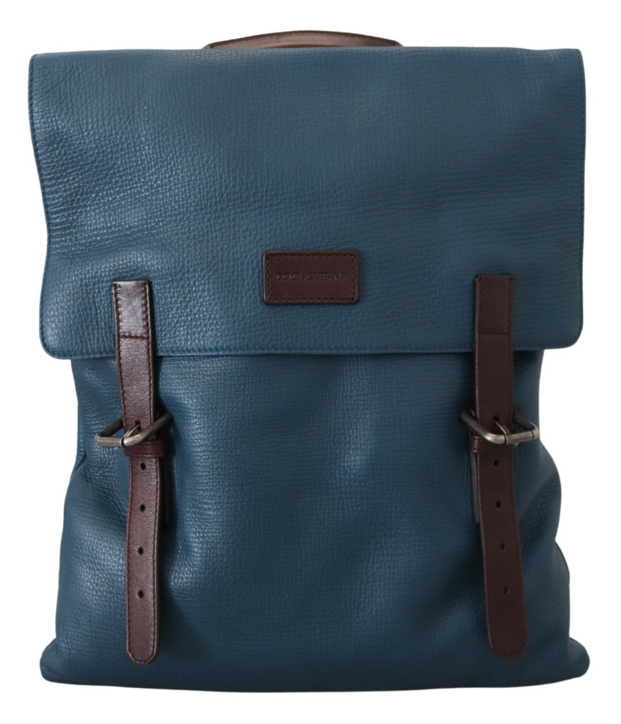 Men Dolce & Gabbana Men Backpacks | Dolce & Gabbana Blue Calfskin Leather Logo Plaque Men Backpack Bag