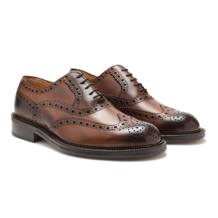 Men Saxone of Scotland Men'S Formal | Saxone Of Scotland Natural Brown Leather Mens Laced Full Brogue Shoes