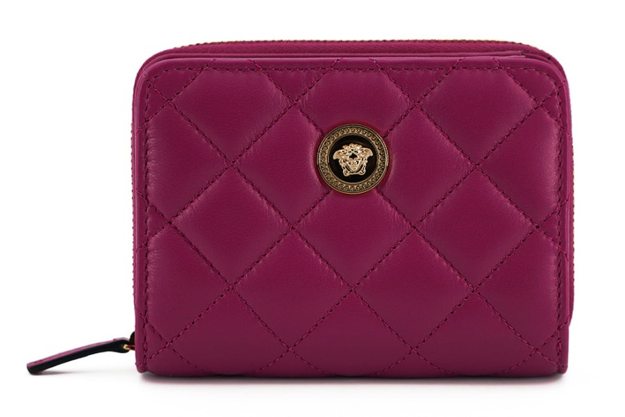 Women Versace Women'S Leather Accessories | Versace Purple Nappa Leather Bifold Zip Around Wallet