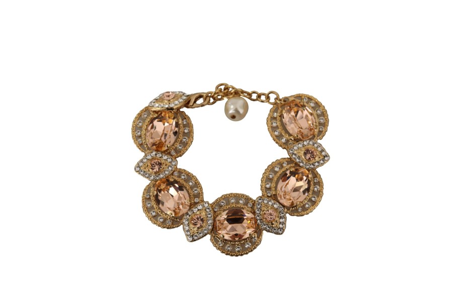 Women Dolce & Gabbana Women'S Bracelets | Dolce & Gabbana Gold Brass Chain Champagne Crystal Statement Charms Br