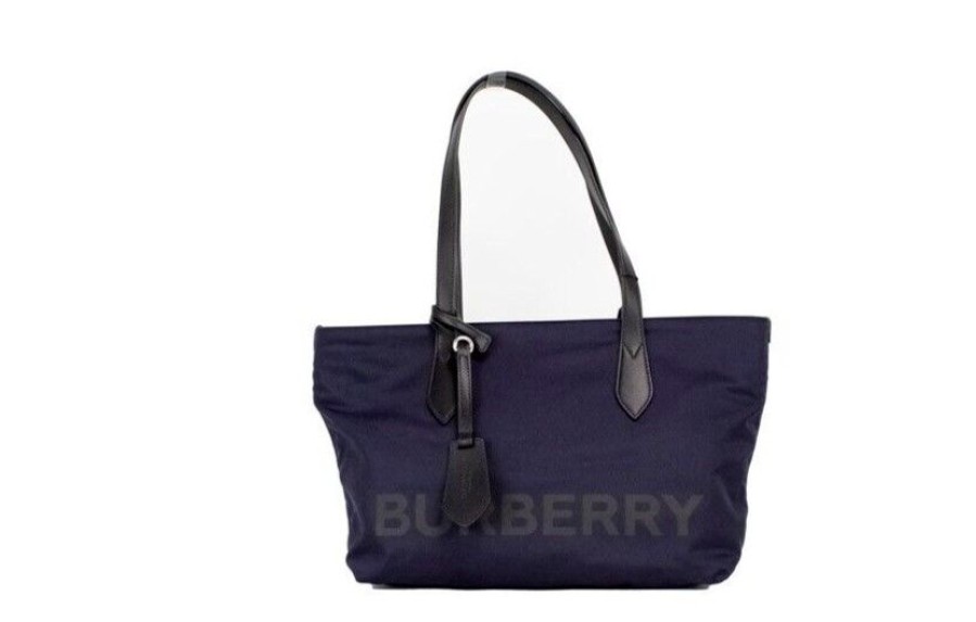 Women Burberry Women'S Tote Bags | Burberry Small Navy Blue Logo Econyl Nylon Tote Shoulder Handbag Purse