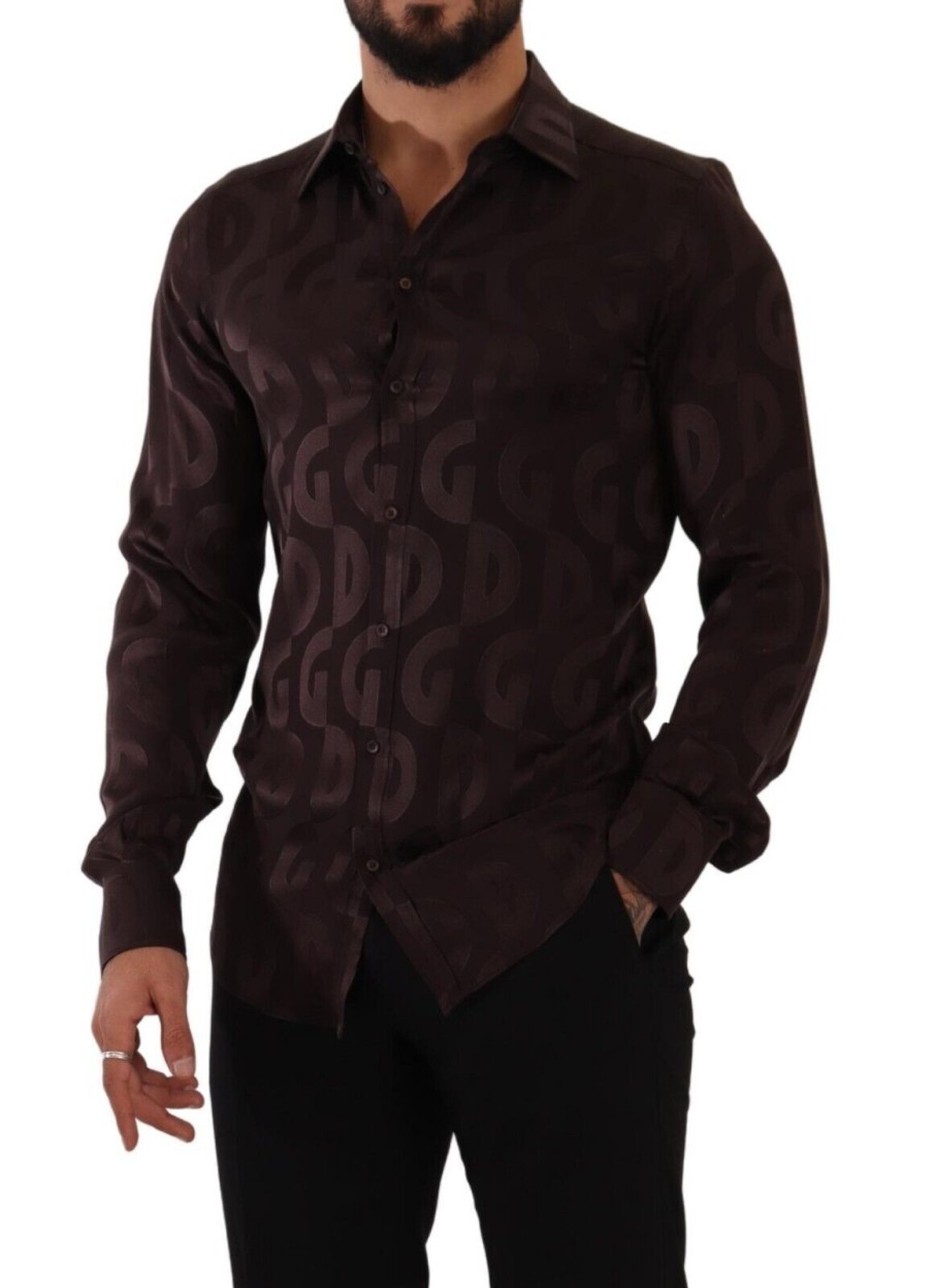 Men Dolce & Gabbana Men'S Shirts | Dolce & Gabbana Bordeaux Gold Logo Silk Slim Fit Mens Shirt