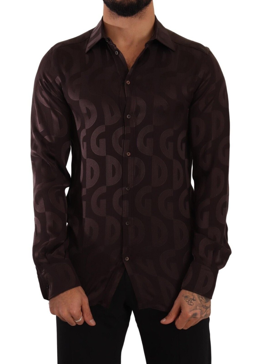 Men Dolce & Gabbana Men'S Shirts | Dolce & Gabbana Bordeaux Gold Logo Silk Slim Fit Mens Shirt